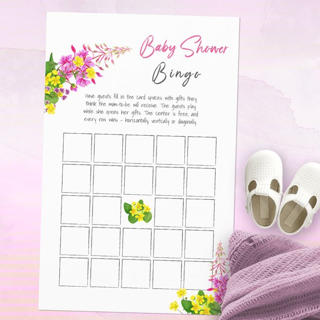 Jogo de Bingo para Chá de Bebê Flor Silvestre Bril (Bright Wildflower Baby Shower Bingo Game ©Susanne Sachers - Sunny Mind Design 🌞)