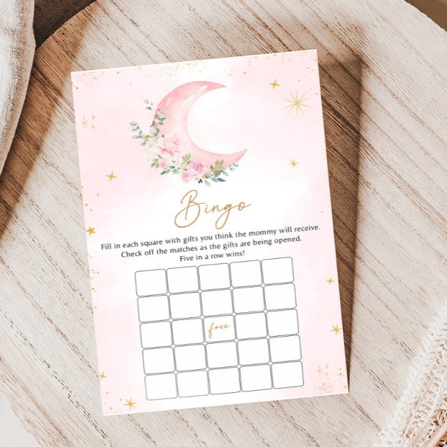 Jogo de Bingo para Chá de Bebê Lua Rosa e Estrelas (Floral Monn and Stars Baby Shower Game)