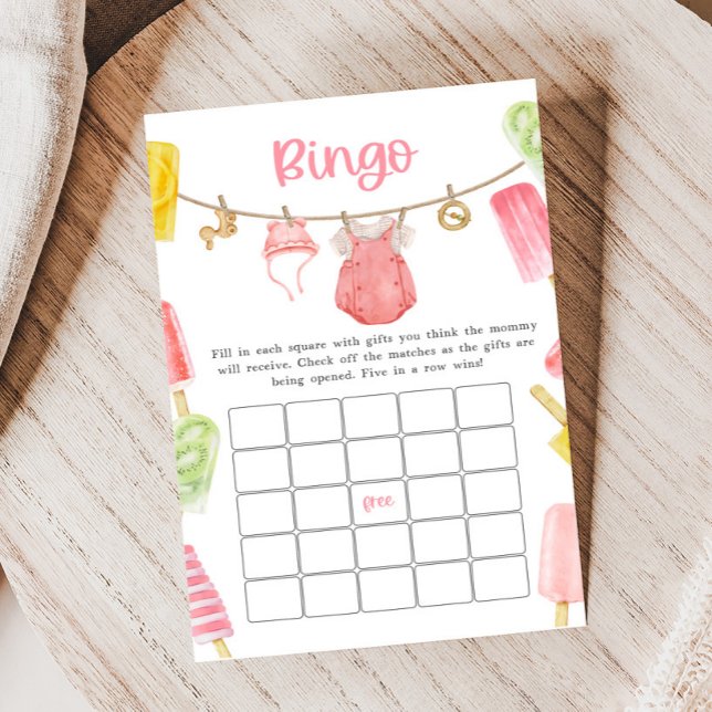Jogo de Bingo para Chá de Bebê Menina Picolé (Ready to Pop Popsicle Baby Shower Game)