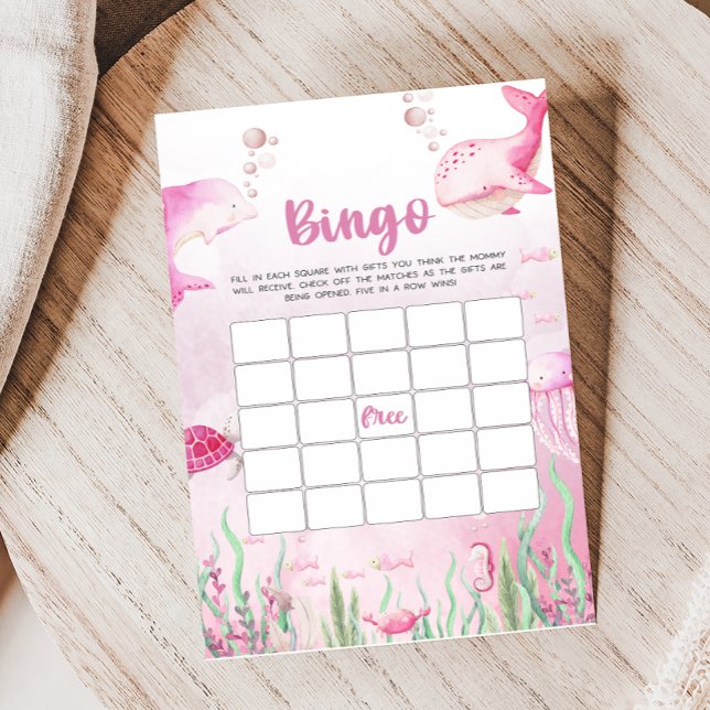 Jogo de Bingo para Chá de Bebê Rosa Sob o Mar (Under the Sea Baby Shower Game)