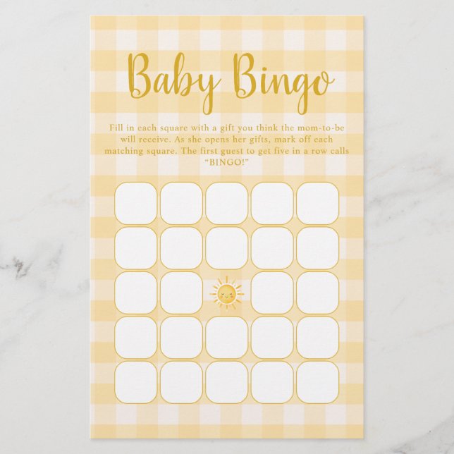 Jogo de Bingo para Chá de Bebê Yellow Sunshine (Frente)