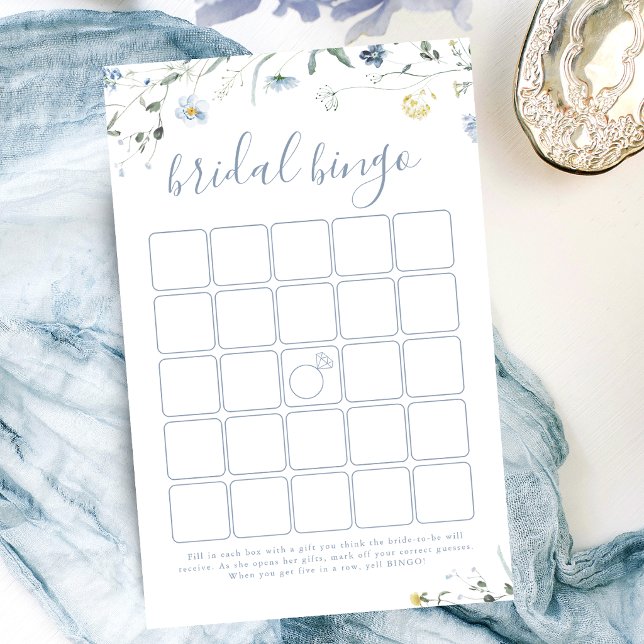 Jogo de bingo para chá de noiva Boho com flor silv (Blue Wildflower Boho bridal shower bingo game)