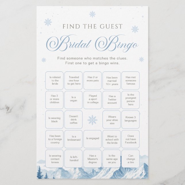 Jogo de Bingo para Chá de Noiva de Inverno Azul (Frente)