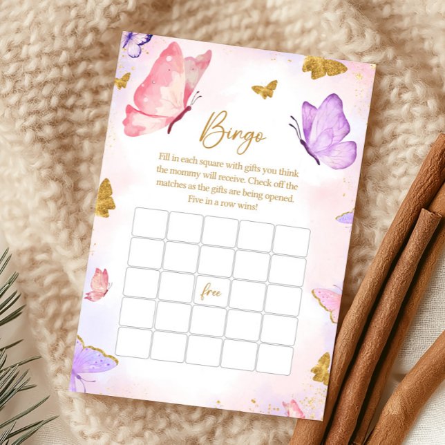 Jogo de Bingo para Chás de Bebê Borboleta Roxa Dou (Butterfly Baby Shower Game)