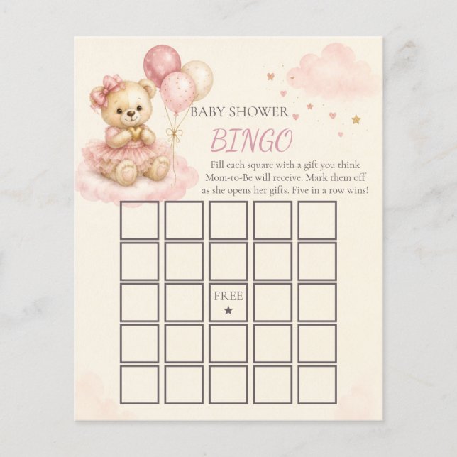 Jogo de Bingo para Chás de Bebê com Urso Teddy Ros (Frente)