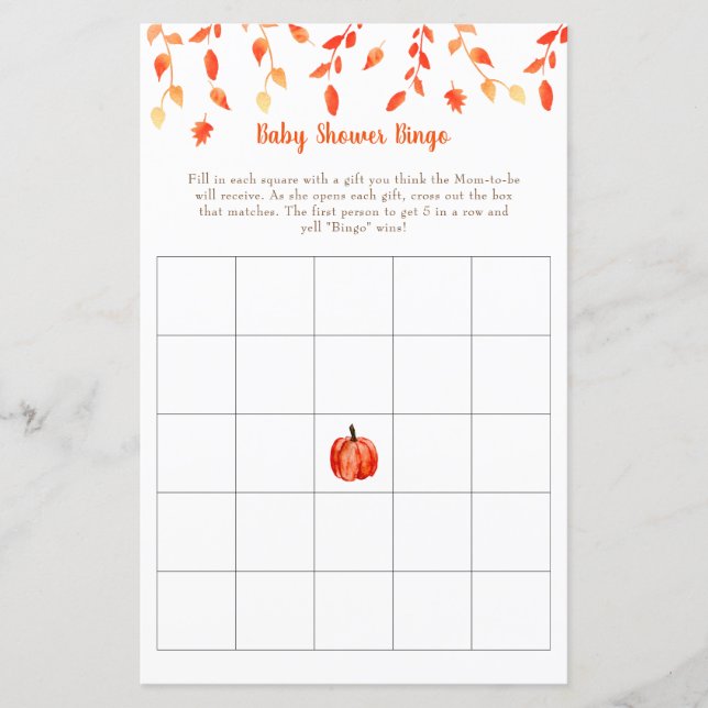 Jogo de Bingo para Chás de Bebê de Outono Pequeno  (Frente)