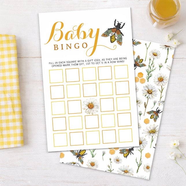 Jogo de Bingo para Chás de Bebê | Tema Abelha Bumb (Mama Bee Baby Bingo Game Card)