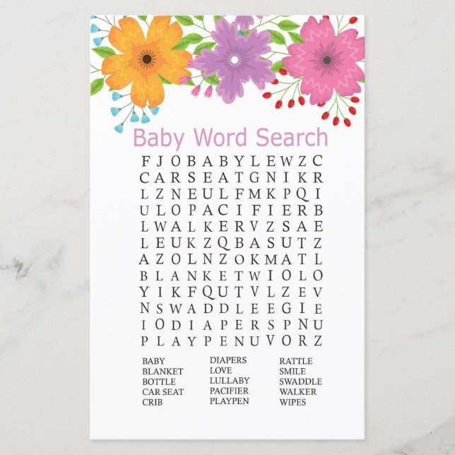 Jogo de caça-palavras para Baby Shower de flores f (Frente)