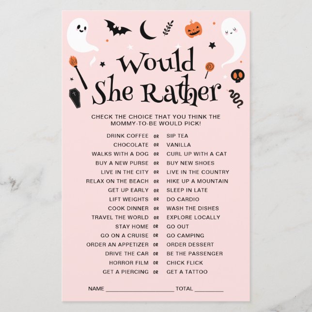 Jogo de Chá de Bebê de Halloween "Ela Preferiria"  (Frente)