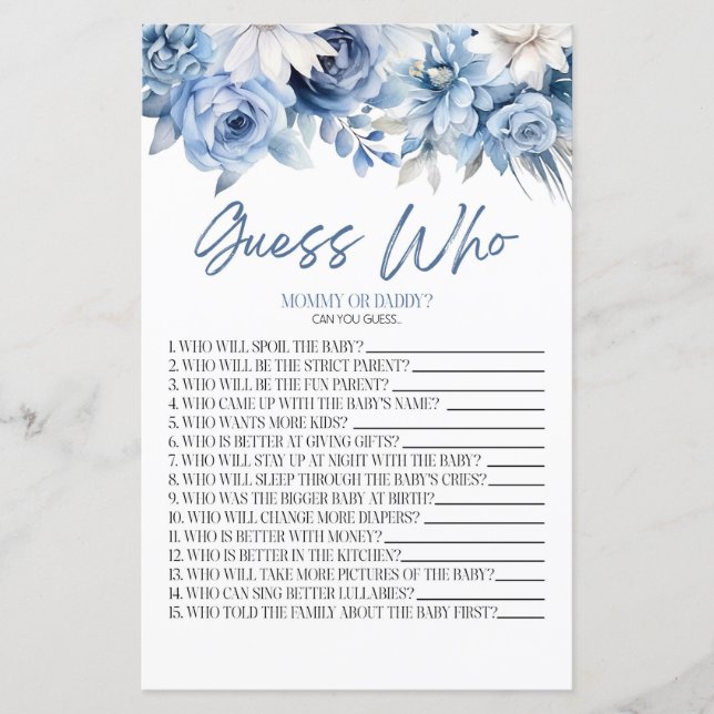 Jogo de Chá de Bebê Dusty Blue Floral Guess Who (Frente)