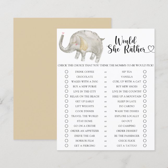 Jogo de Chá de Bebê Elefante / Ou Ela Preferiria (Frente/Verso)