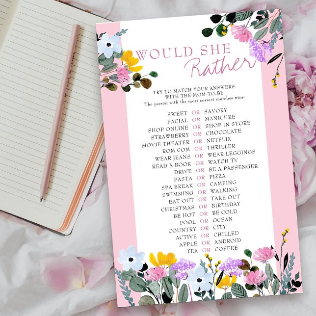 Jogo de Chá de Bebê Flor Silvestre 'Would She Rath (Would she rather guessing game card from my Wildflower Lawn Collection.
)