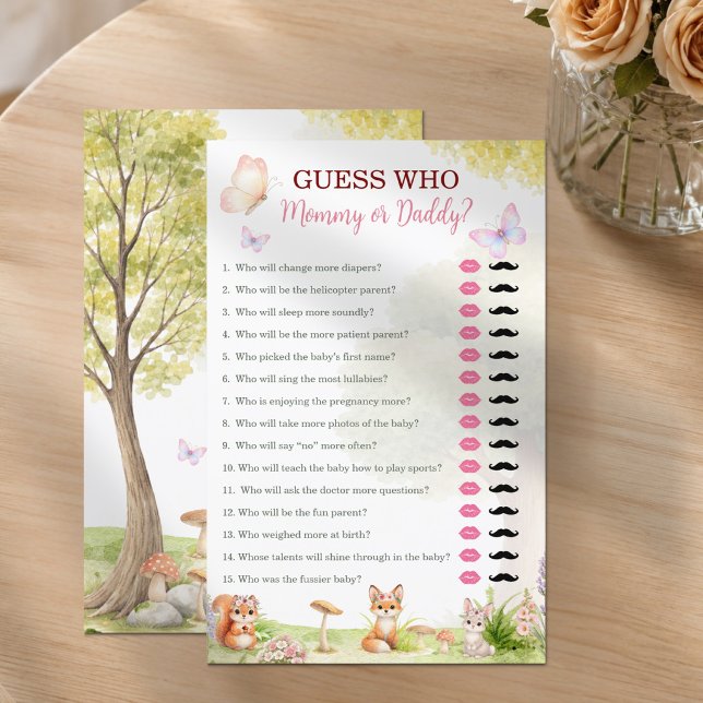 Jogo de Chá de Bebê Mamãe ou Papai com Tema Floral (Guess Who, Mommy or Daddy? Baby Shower Game | Woodland )