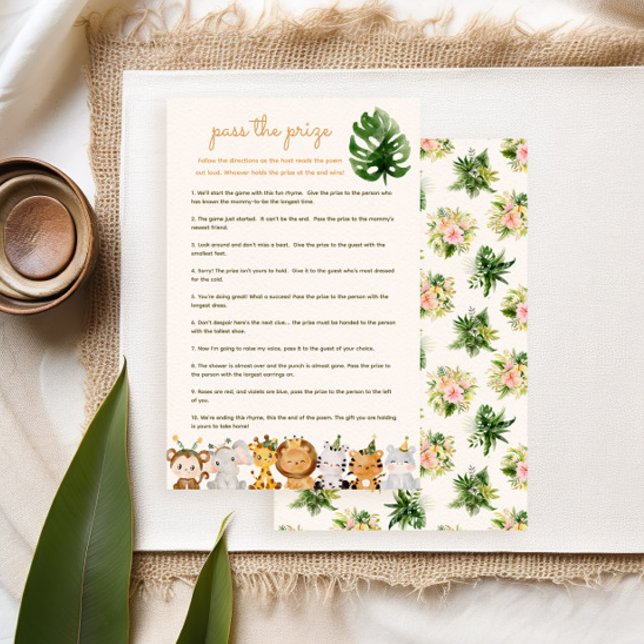 Jogo de Chá de Bebê 'Passa o Prêmio' - Animais da  (tropical flowers and jungle animals for a safari baby shower pass the prize game)