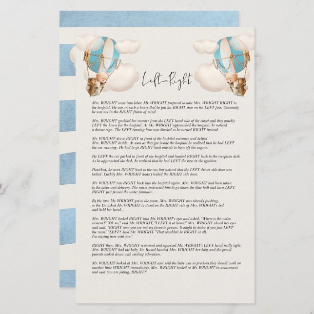 Jogo de Chá de Bebê Urso - Esquerda e Direita (Frente/Verso)