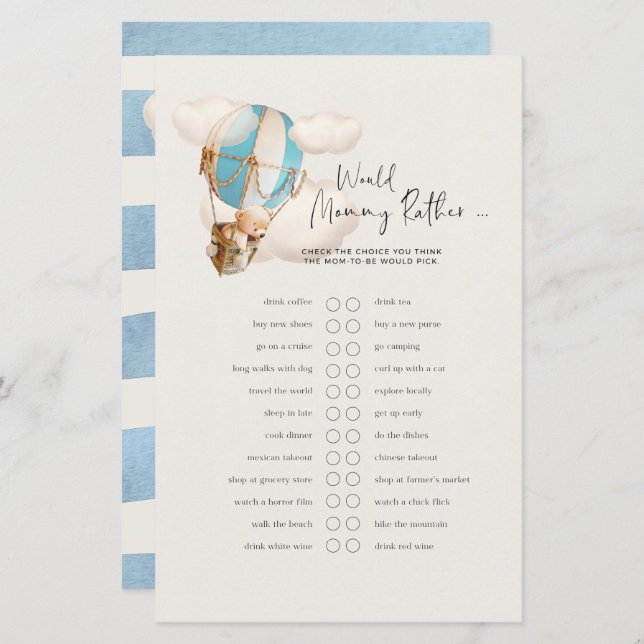 Jogo de Chá de Bebê Urso - O Que a Mamãe Preferiri (Frente/Verso)