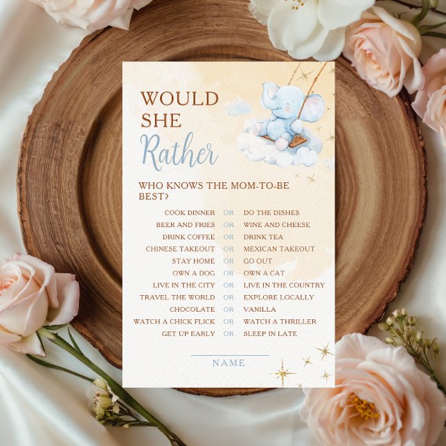 Jogo de Chá de Bebê 'Would She Rather' do Elefante (Criador carregado)