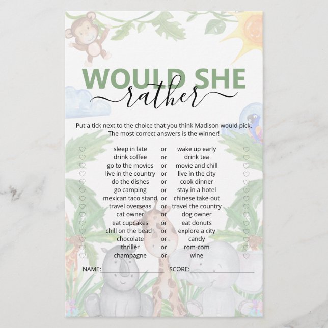 Jogo de Chá de Bebê 'Would She Rather' Wild One Sa (Frente)