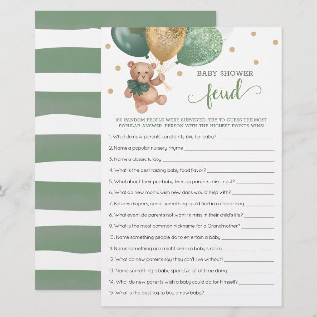 Jogo De chá de fraldas Com Respostas Com Urso De T (Frente/Verso)