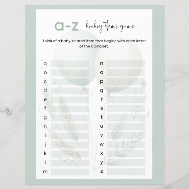 Jogo de Chá de fraldas de Bebê Verde Sage A to Z (Frente)