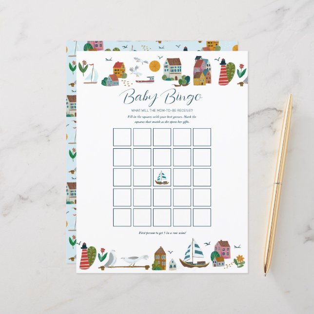 Jogo de Chá de fraldas de Bingo Marítimo Costeiro (Frente/Verso In Situ)