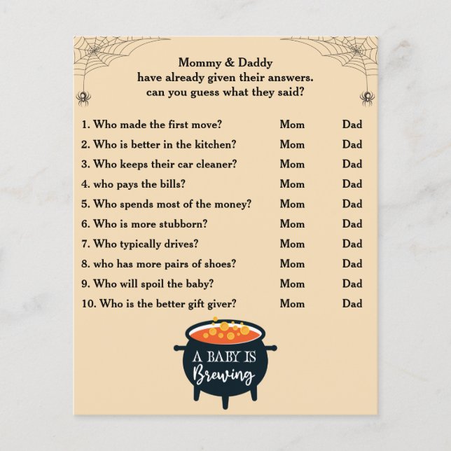 Jogo de Chá de fraldas de Halloween adivinha quem  (Frente)