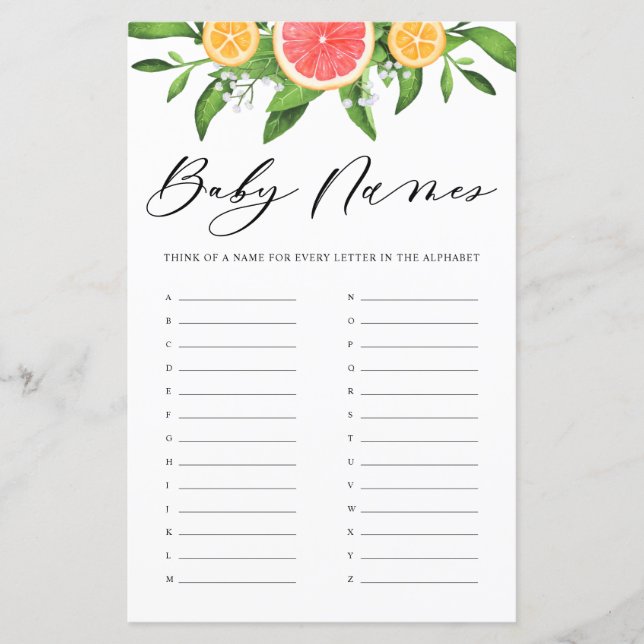 Jogo de Chá de fraldas de Nomes de Bebês de Toranj (Frente)