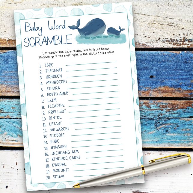 Jogo de Chá de fraldas do Baby Word Scramble (Baby Shower game card from my Happy Whale collection. Message if you need different items.)