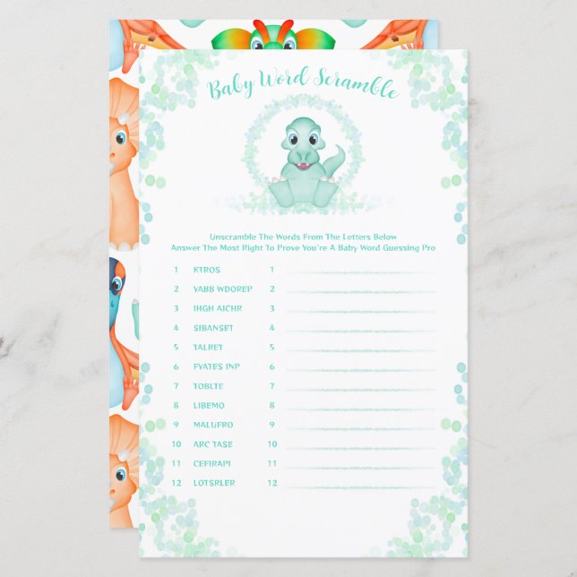 Jogo de Chá de fraldas do Bebê Dinossauro Azul (Frente/Verso)