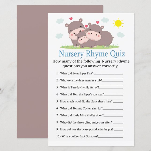 Jogo de chá de fraldas do Hippo Nursery Rhyme Quiz (Frente/Verso)