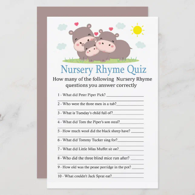 Nursery Rhyme Quiz jogo de Chá de fraldas com Resp