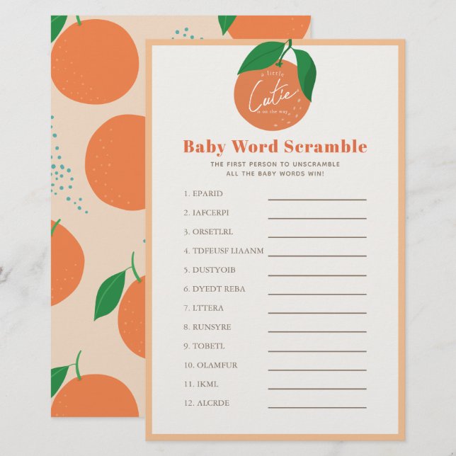 Jogo de Chá de fraldas do Orange Baby Word Scrambl (Frente/Verso)