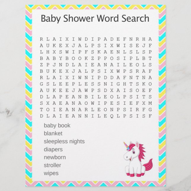 Jogo de Chá de fraldas do Unicorn Word Search (Frente)