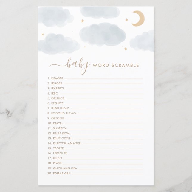 Jogo de Chá de fraldas do Word Scamble sobre a lua (Frente)