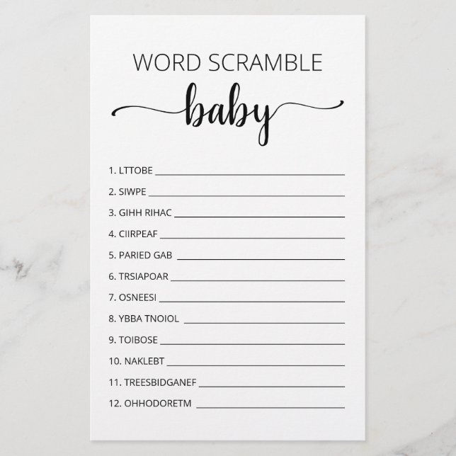 jogo de Chá de fraldas do Word Scramble Baby Game (Frente)