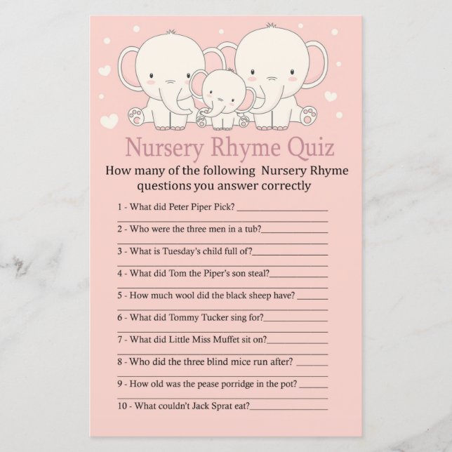 Jogo de chá de fraldas Elefante Rhyme Quiz (Frente)