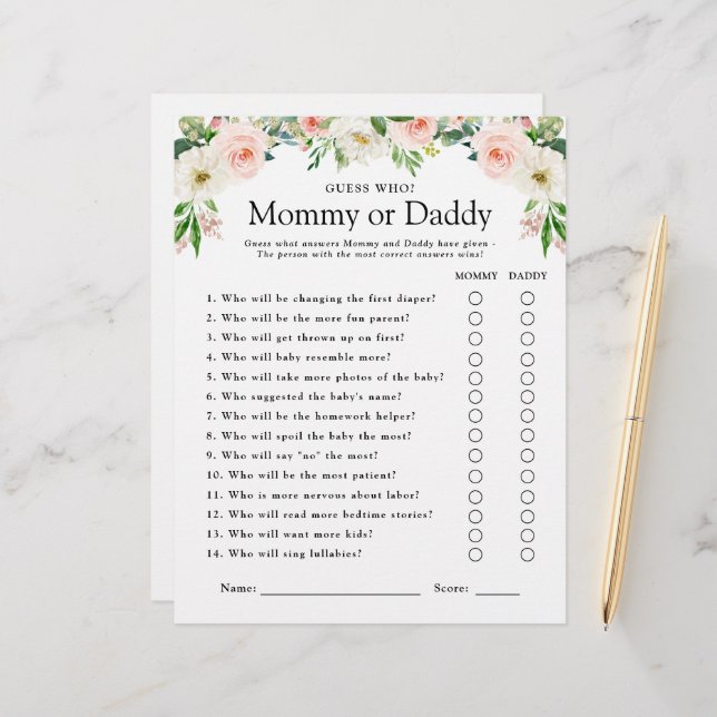 Jogo de Chá de fraldas Floral Rosa Adivinha Quem (Frente/Verso In Situ)