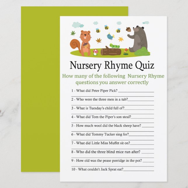Jogo de chá de fraldas Rhyme Rursery Rhyme Quiz (Frente/Verso)