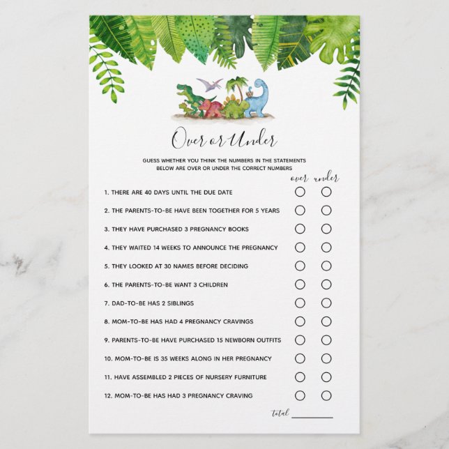 Jogo de Chá de fraldas sobre ou sob o dinossauro (Frente)