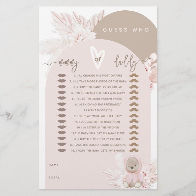 Jogo de Chá de fraldas Teddy Bear Modern Boho Girl (Frente)