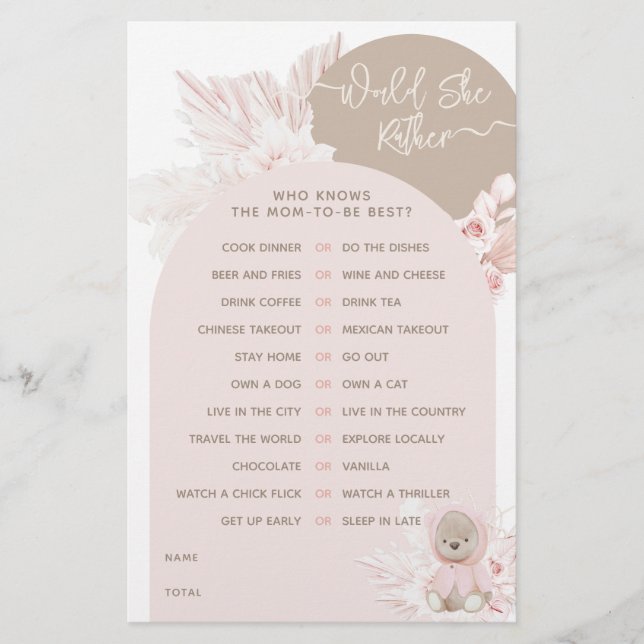 Jogo de Chá de fraldas Teddy Bear Modern Boho Girl (Frente)