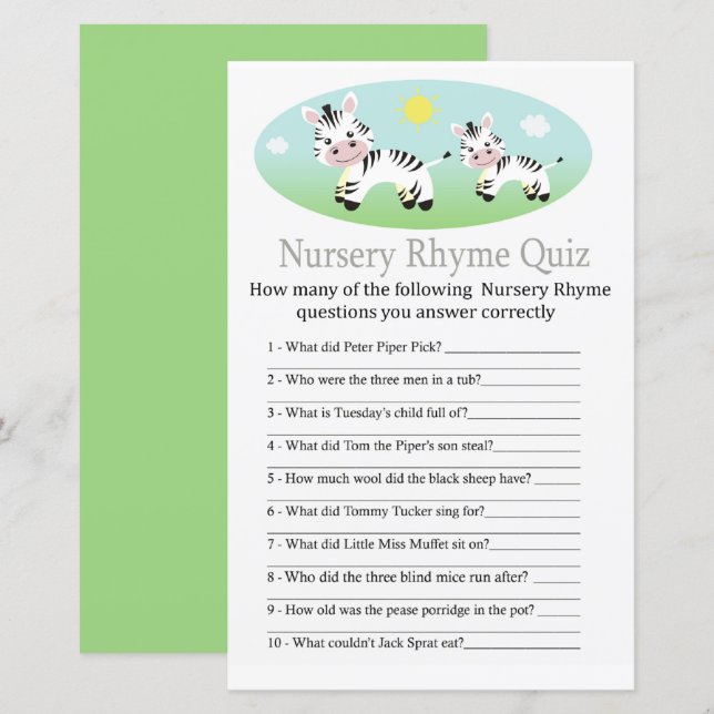 Jogo de chá de fraldas Zebra Nursery Rhyme Quiz (Frente/Verso)