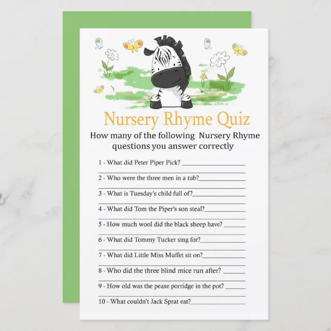 Nursery Rhyme Quiz jogo de Chá de fraldas com Resp | Zazzle Portugal