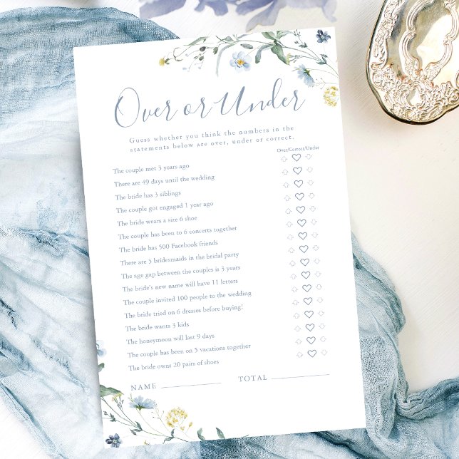 Jogo de chá de noiva Boho Wildflower Over ou Under (Boho Wildflower Over or Under bridal shower game)