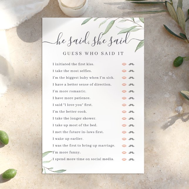 Jogo de chá de noiva com tema de verde 'Ele disse, (Greenery He said She said bridal shower game)