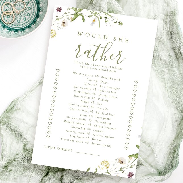 Jogo de chá de noiva da flor silvestre que ela pre (Wildflower would she rather bridal shower game)