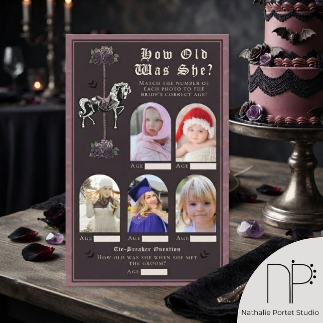 Jogo de Chá de Noiva de Cavalo Esqueleto Qual Era  (hand-drawn vintage carousel skeleton horse and mauve roses for a chic dark romance aesthetic. )