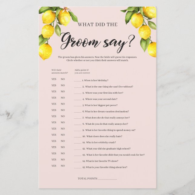 Jogo de chá de noiva de limão O que o noivo disse (Frente)