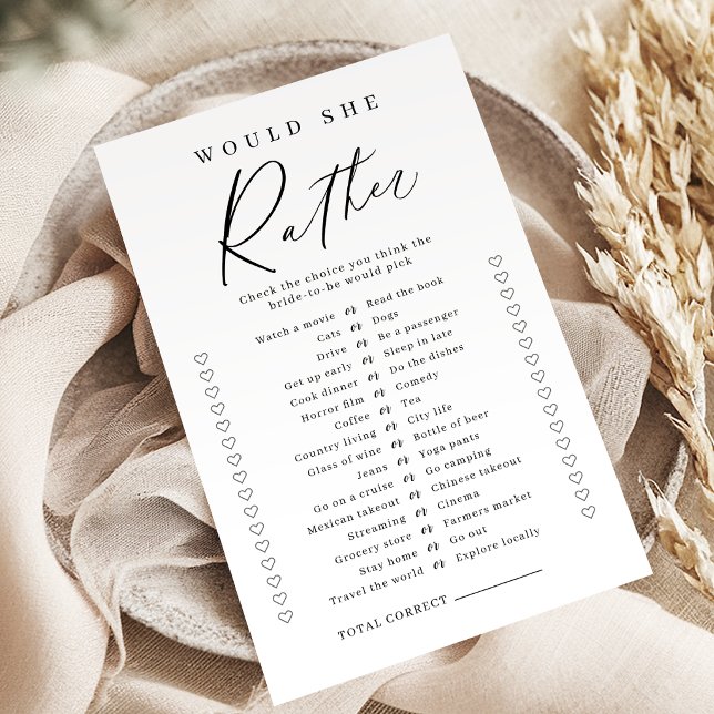 Jogo de chá de noiva Minimalista 'Ela preferiria' (Minimalist would she rather bridal shower game)