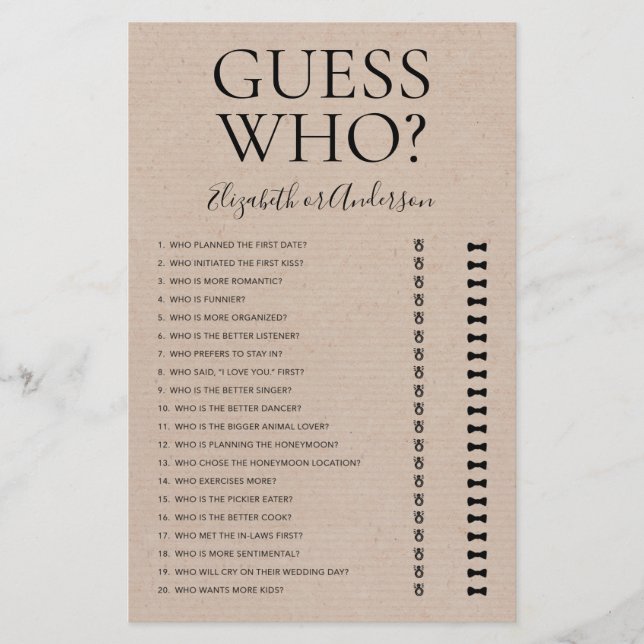 Jogo de Chá de Noiva Rústico Guess Who (Frente)
